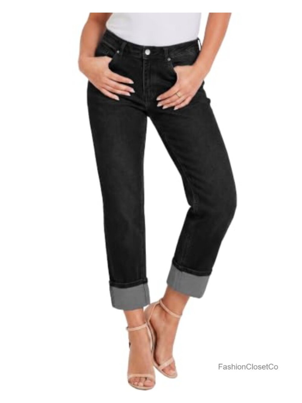 High Waisted Capri Jeans with Cuffed Hem Straight Leg Stretch Denim
